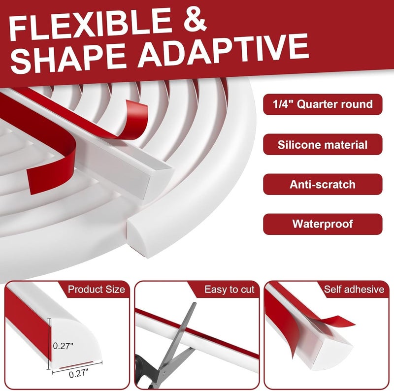 Risunpet 0.25" x 0.25" Slim Quarter Round Molding,20FT Self Adhesive Flexible Trim for Small Gaps, Countertop Wall Seam, Window Sill, Desk & Cabinet Edge, Peel and Stick Finishing Strip - Image 5